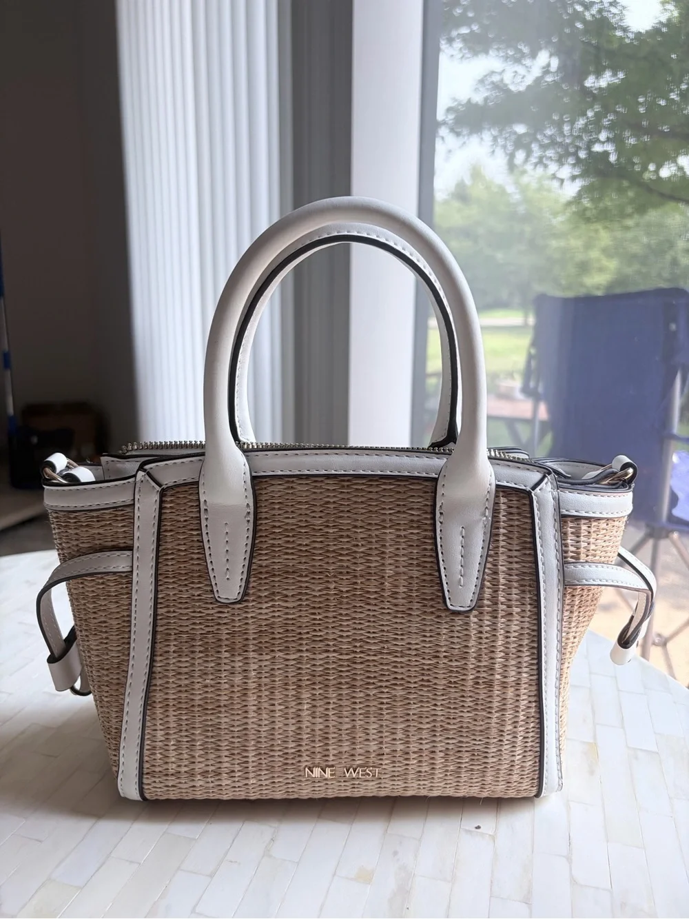 Nine West Beige Woven Satchel with White Trim